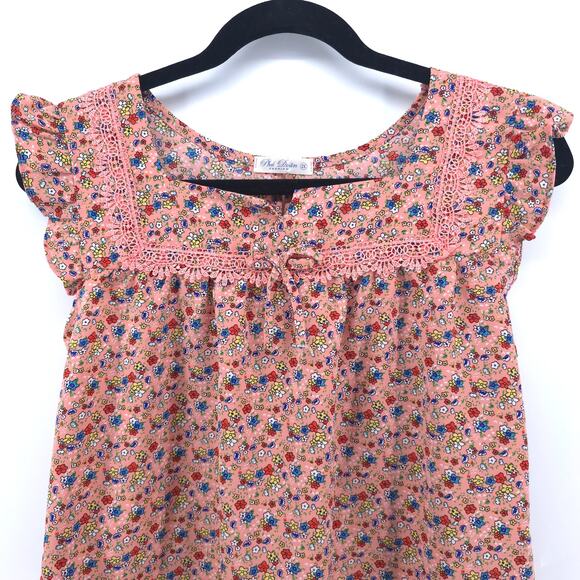 Womens Cottage Micro Floral Babydoll Tee Flutter Sleeve Lace Bow Keyhole Back S - Picture 2 of 11